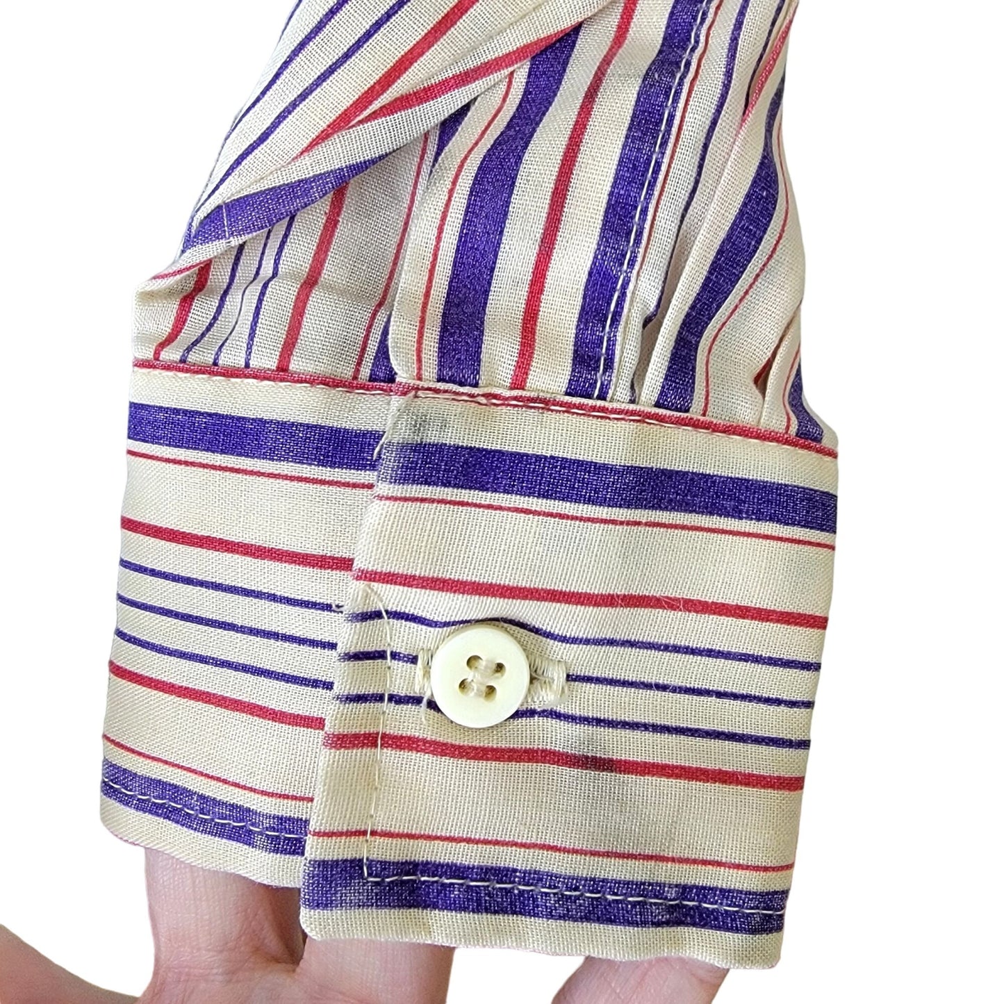 Vintage 70s Stripe Shirt Women Medium Button Blouse Red Blue Beige