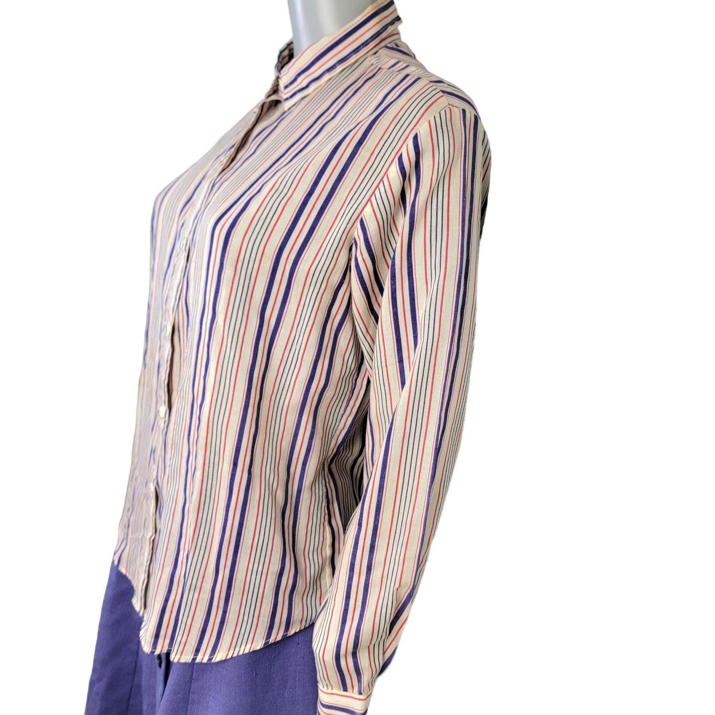 Vintage 70s Stripe Shirt Women Medium Button Blouse Red Blue Beige