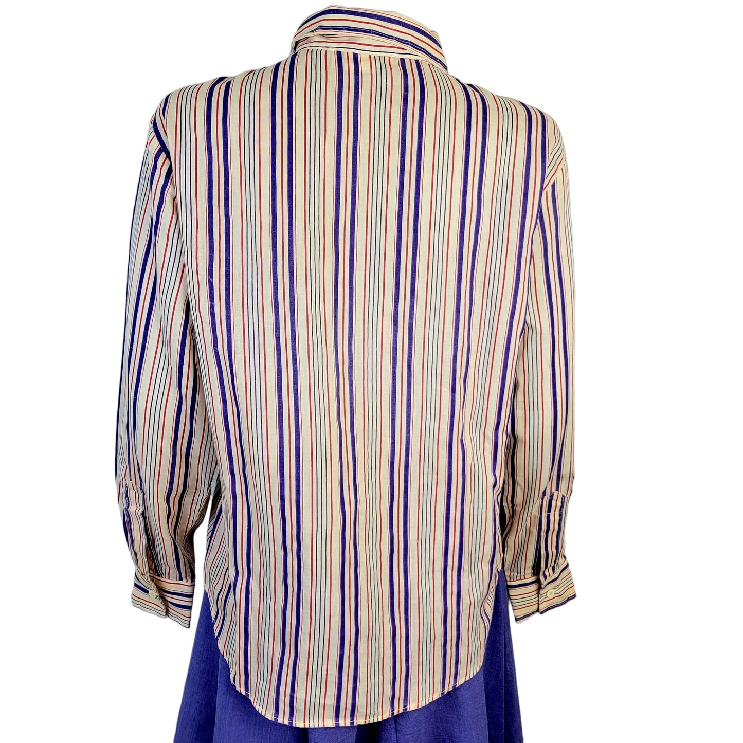 Vintage 70s Stripe Shirt Women Medium Button Blouse Red Blue Beige