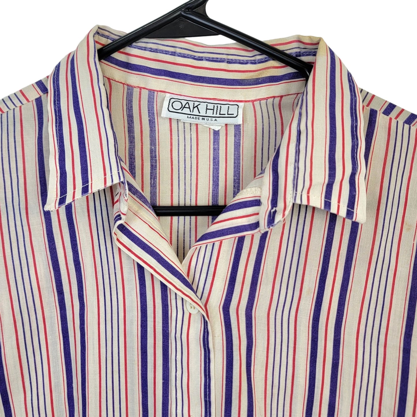 Vintage 70s Stripe Shirt Women Medium Button Blouse Red Blue Beige
