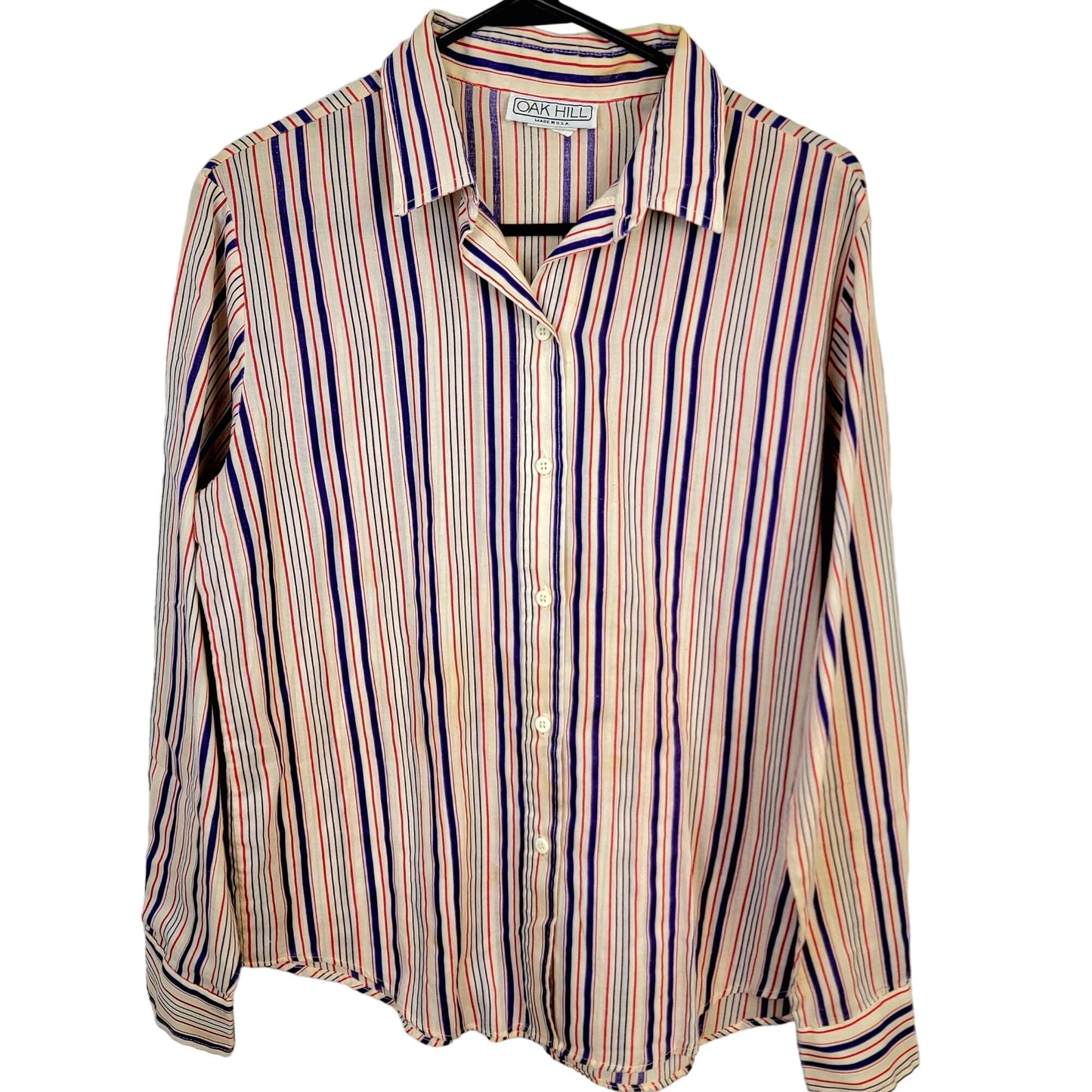 Vintage 70s Stripe Shirt Women Medium Button Blouse Red Blue Beige
