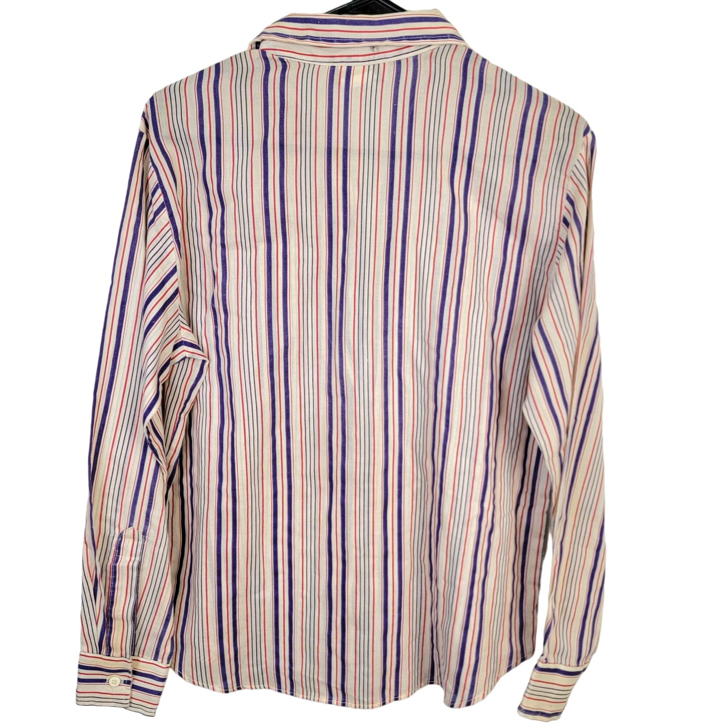 Vintage 70s Stripe Shirt Women Medium Button Blouse Red Blue Beige
