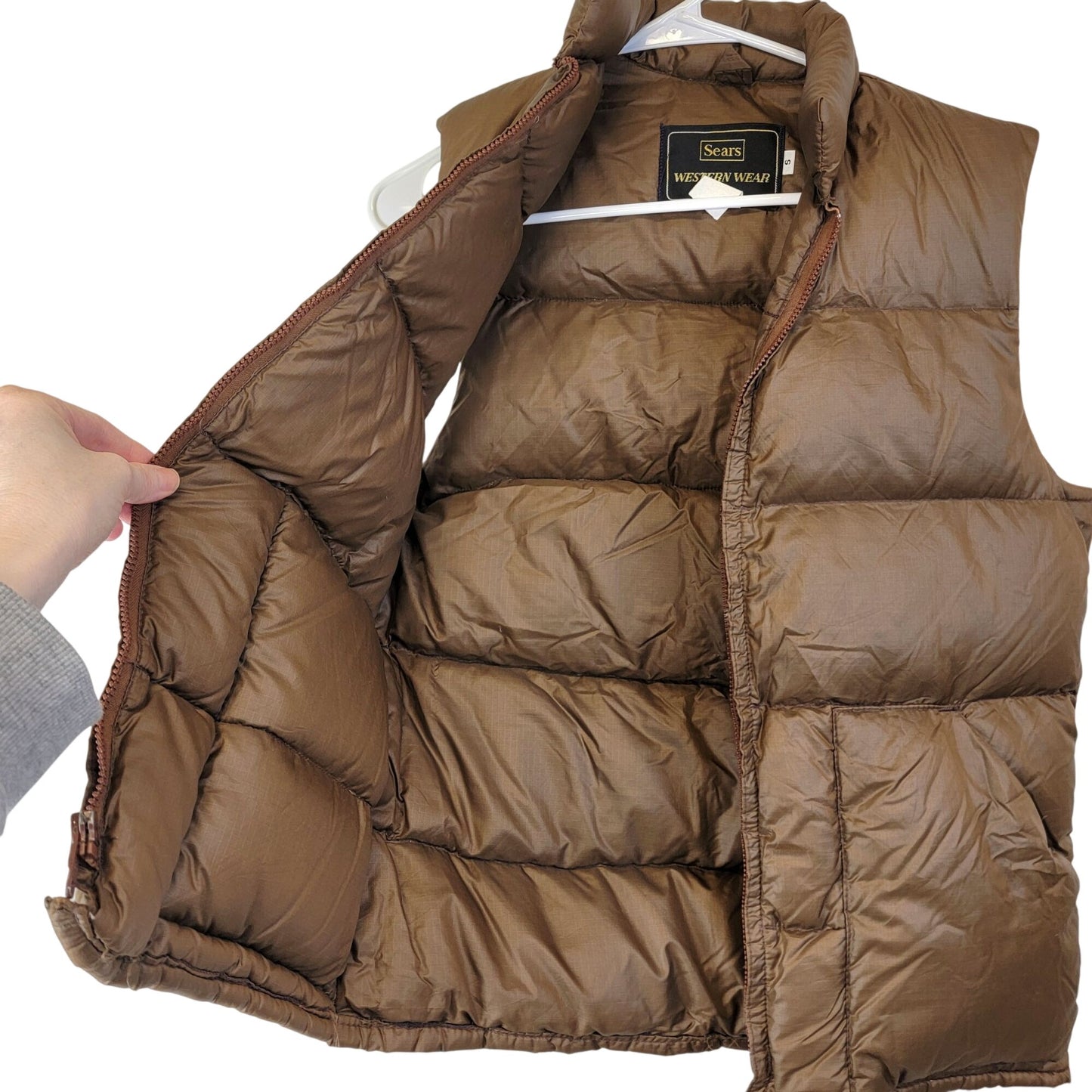 Sears Vintage 80s Puff Vest Men Small Brown Jacket Western Outdoors Coat Winter