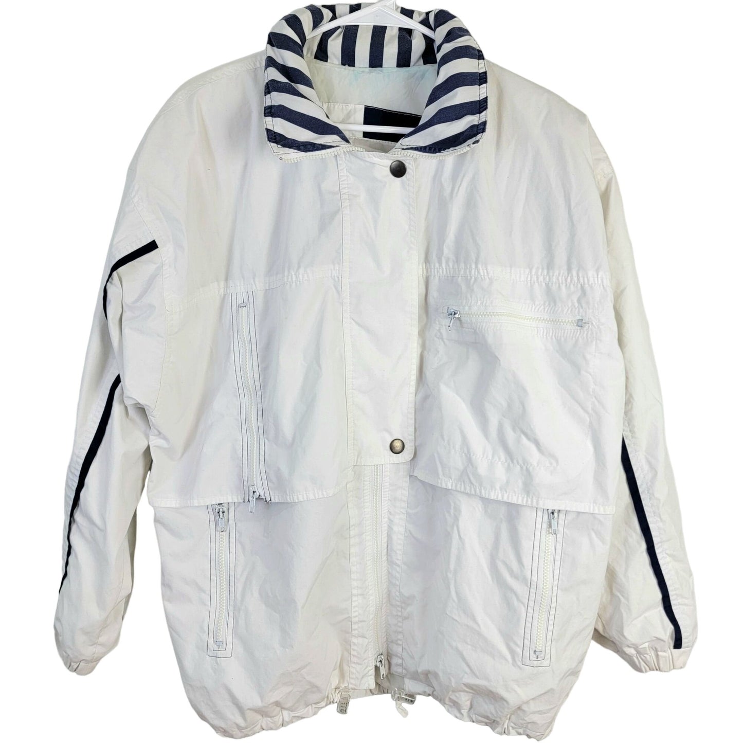 London Fog Vintage 80s Utility Jacket Women Large Hood Outdoors Coat White Blue