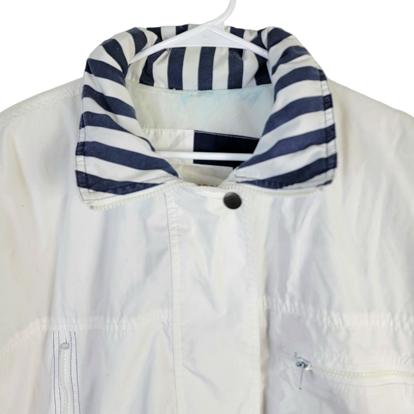 London Fog Vintage 80s Utility Jacket Women Large Hood Outdoors Coat White Blue