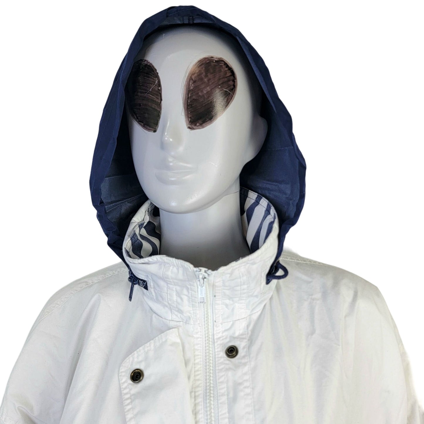 London Fog Vintage 80s Utility Jacket Women Large Hood Outdoors Coat White Blue