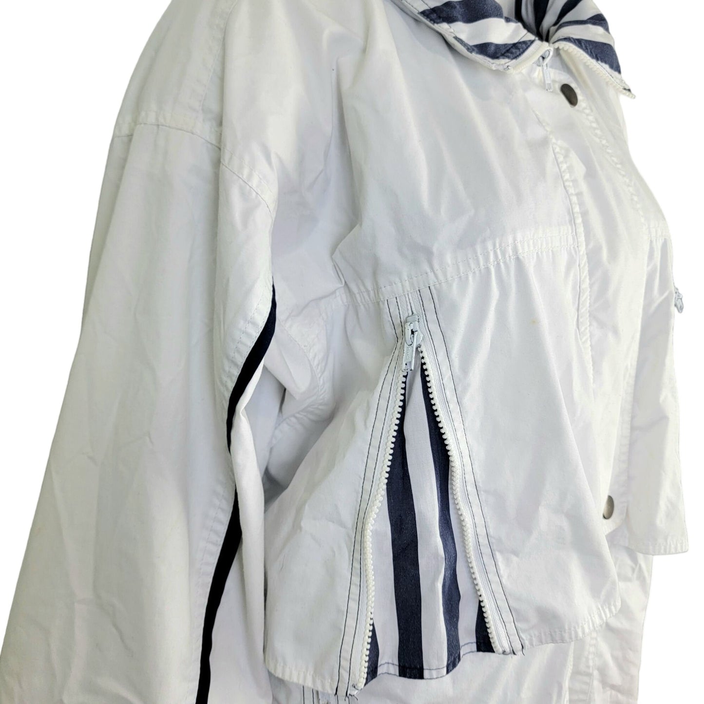 London Fog Vintage 80s Utility Jacket Women Large Hood Outdoors Coat White Blue