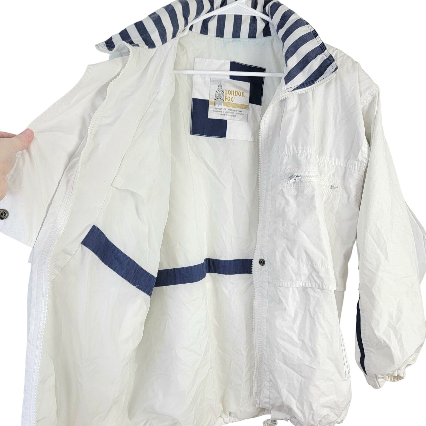London Fog Vintage 80s Utility Jacket Women Large Hood Outdoors Coat White Blue
