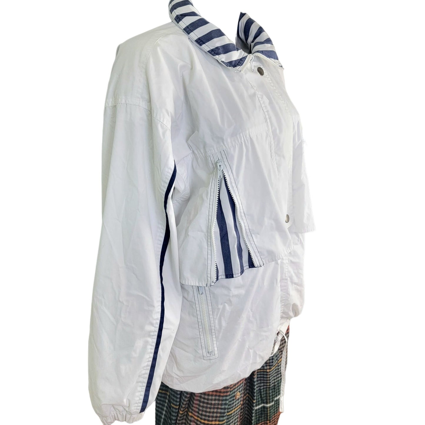 London Fog Vintage 80s Utility Jacket Women Large Hood Outdoors Coat White Blue
