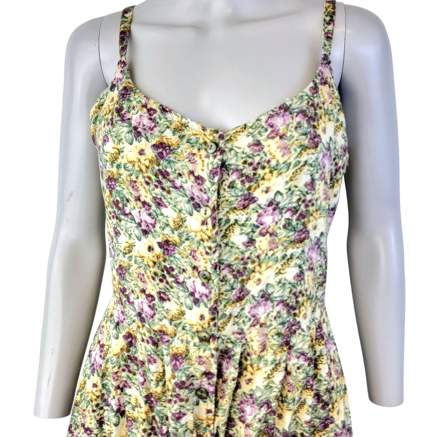 Vintage 90s Floral Mini Dress Women Medium Sundress Beige Green 8 10 Summer Fall