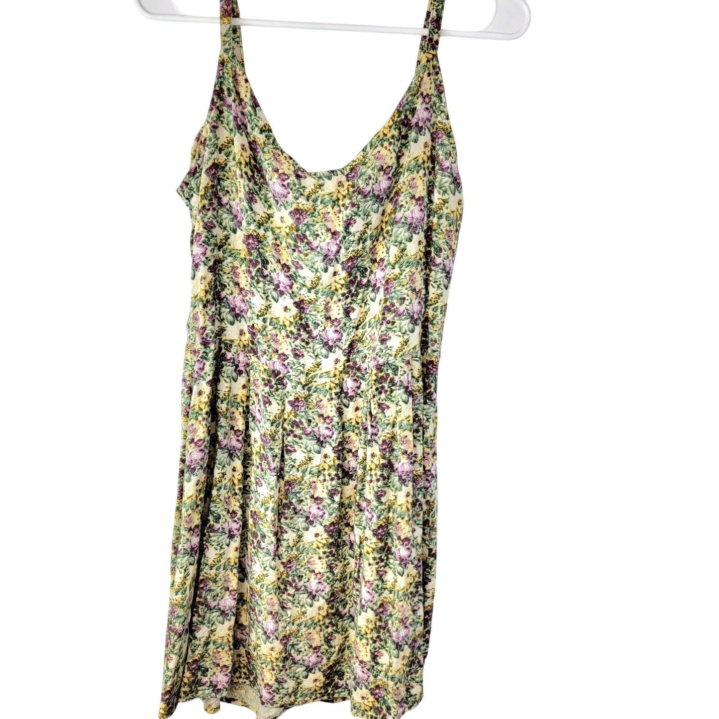 Vintage 90s Floral Mini Dress Women Medium Sundress Beige Green 8 10 Summer Fall