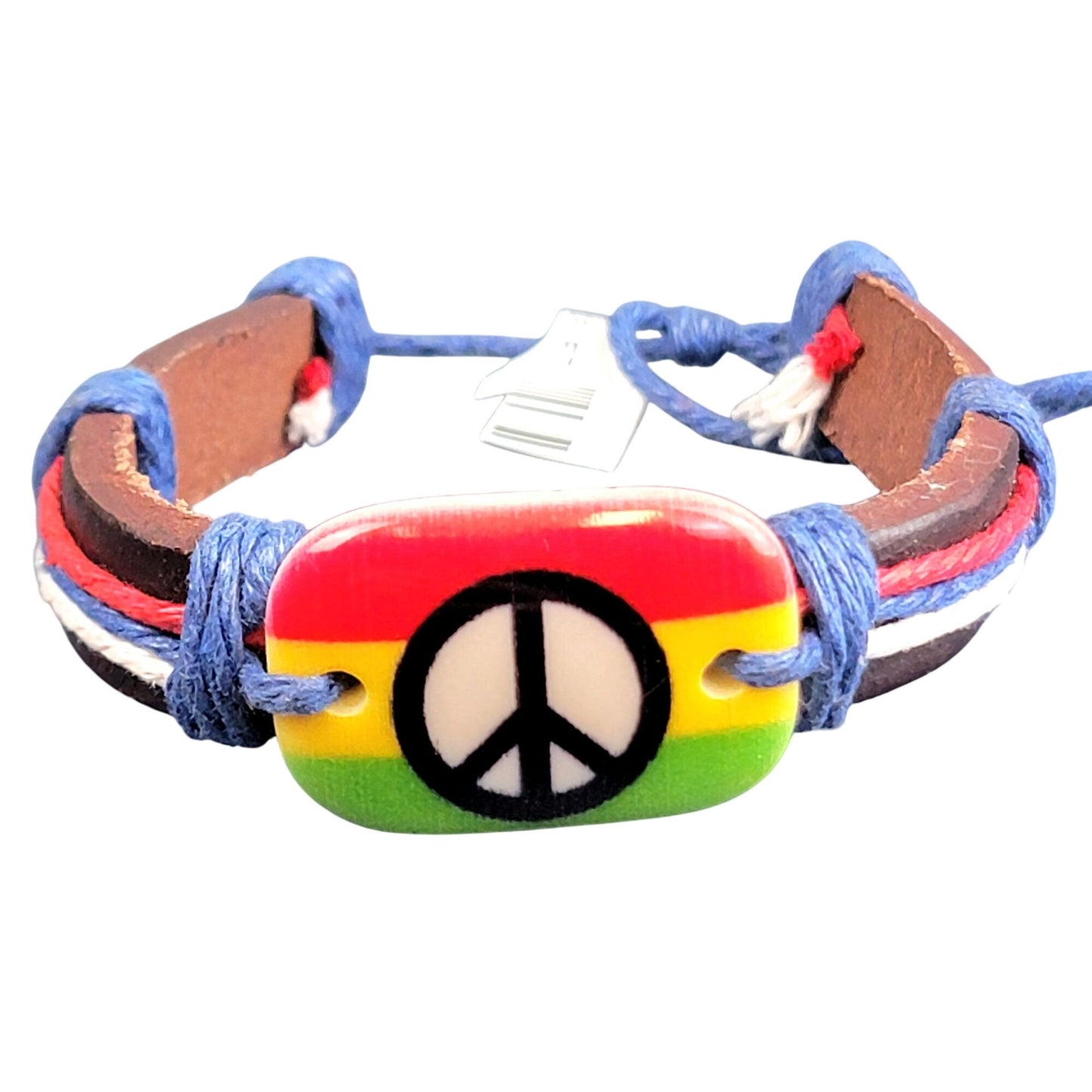 Colorful Peace Sign Leather Bracelet Adjustable Brown Unisex Jewelry
