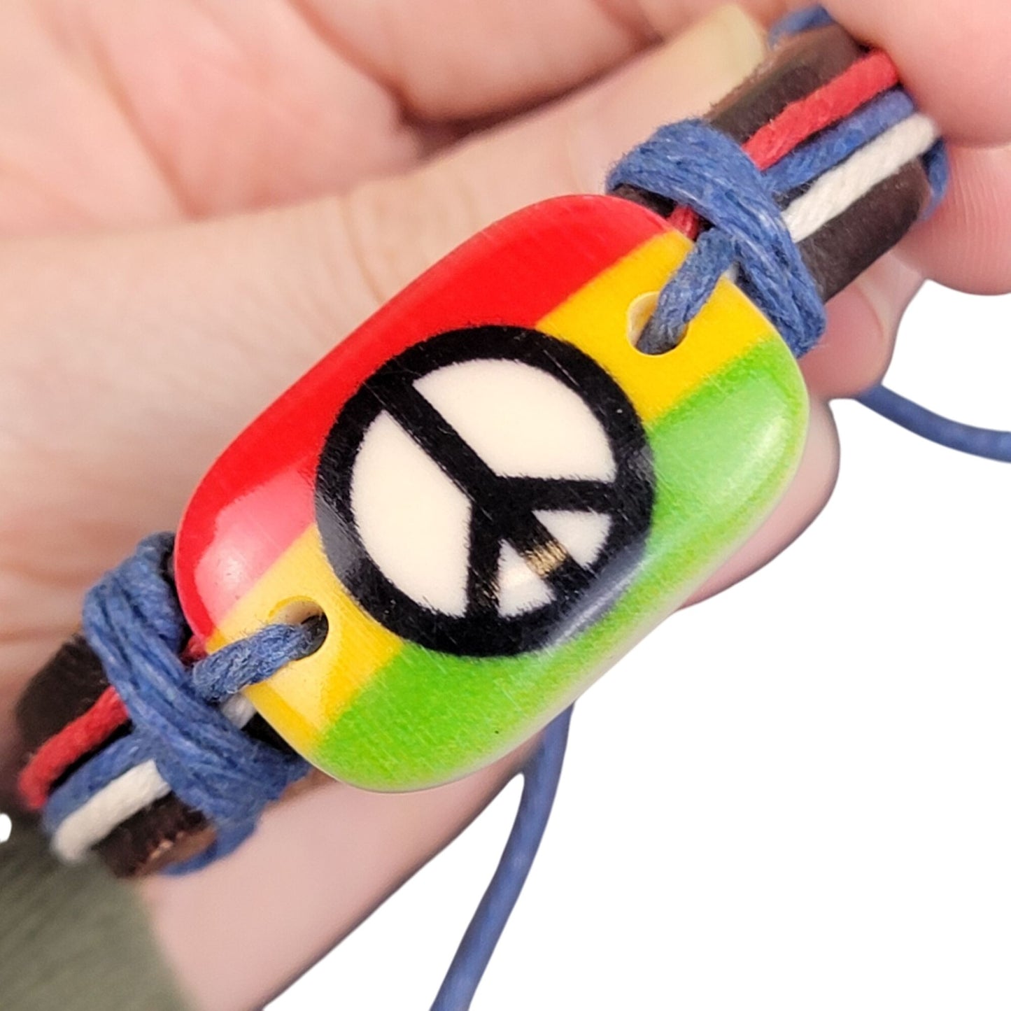 Colorful Peace Sign Leather Bracelet Adjustable Brown Unisex Jewelry