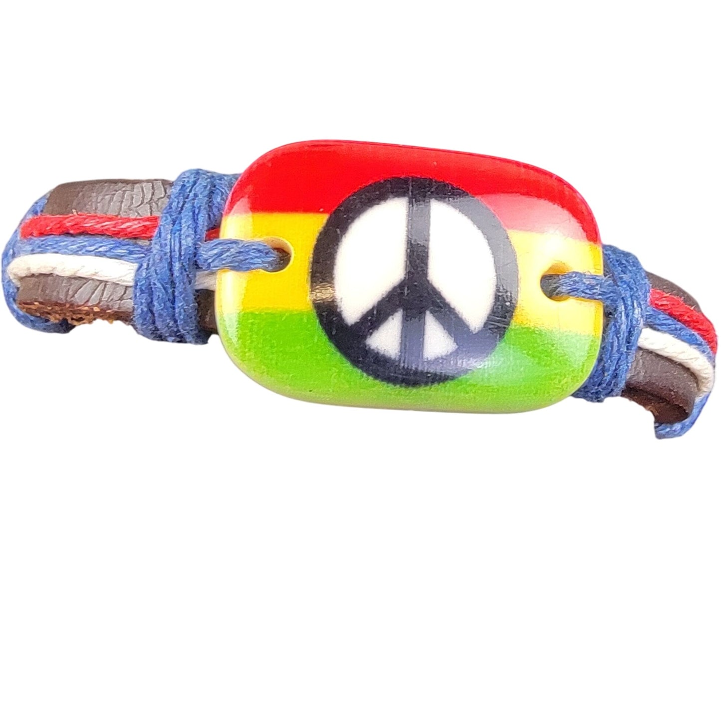 Colorful Peace Sign Leather Bracelet Adjustable Brown Unisex Jewelry