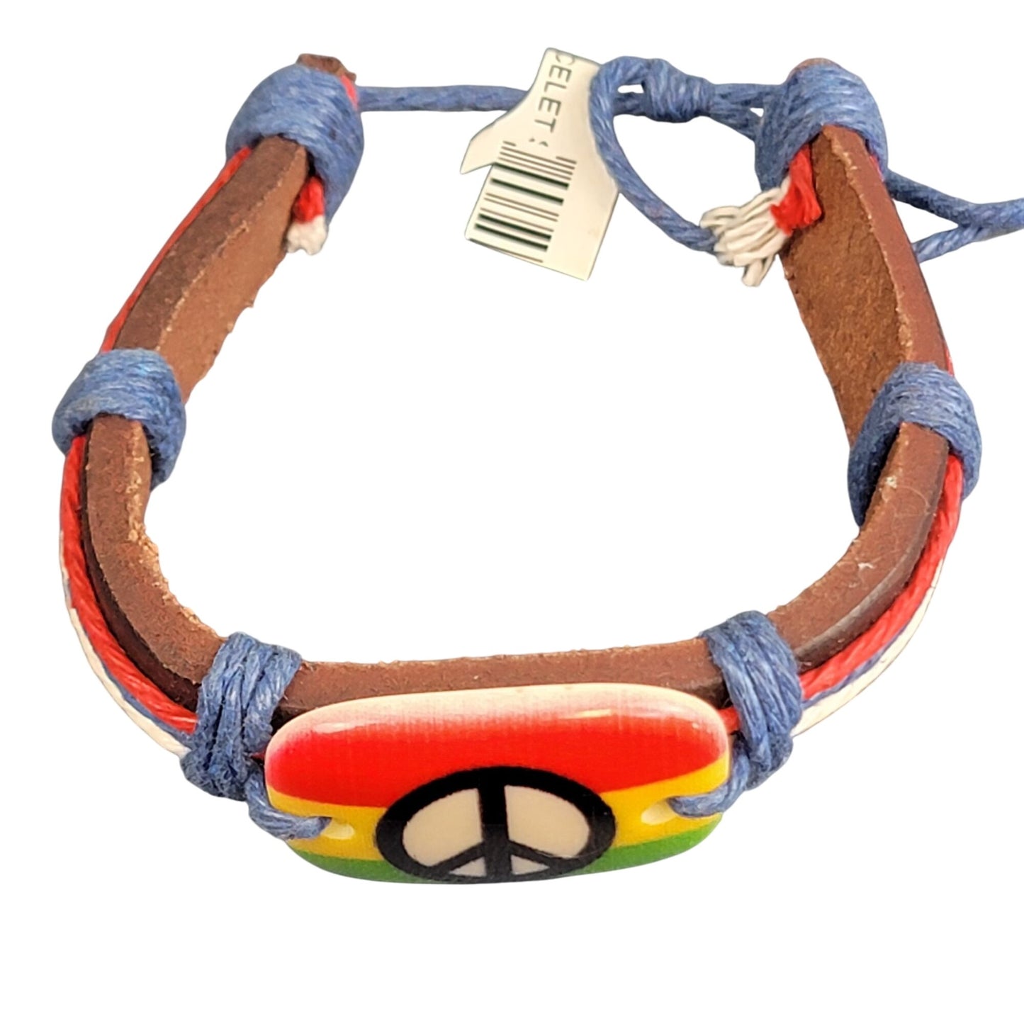 Colorful Peace Sign Leather Bracelet Adjustable Brown Unisex Jewelry