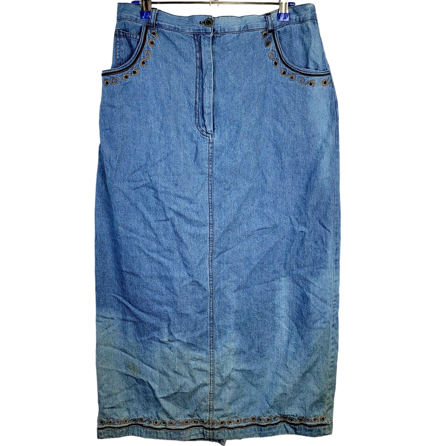 Vintage 90s Denim Midi Skirt Women Large Boho Western