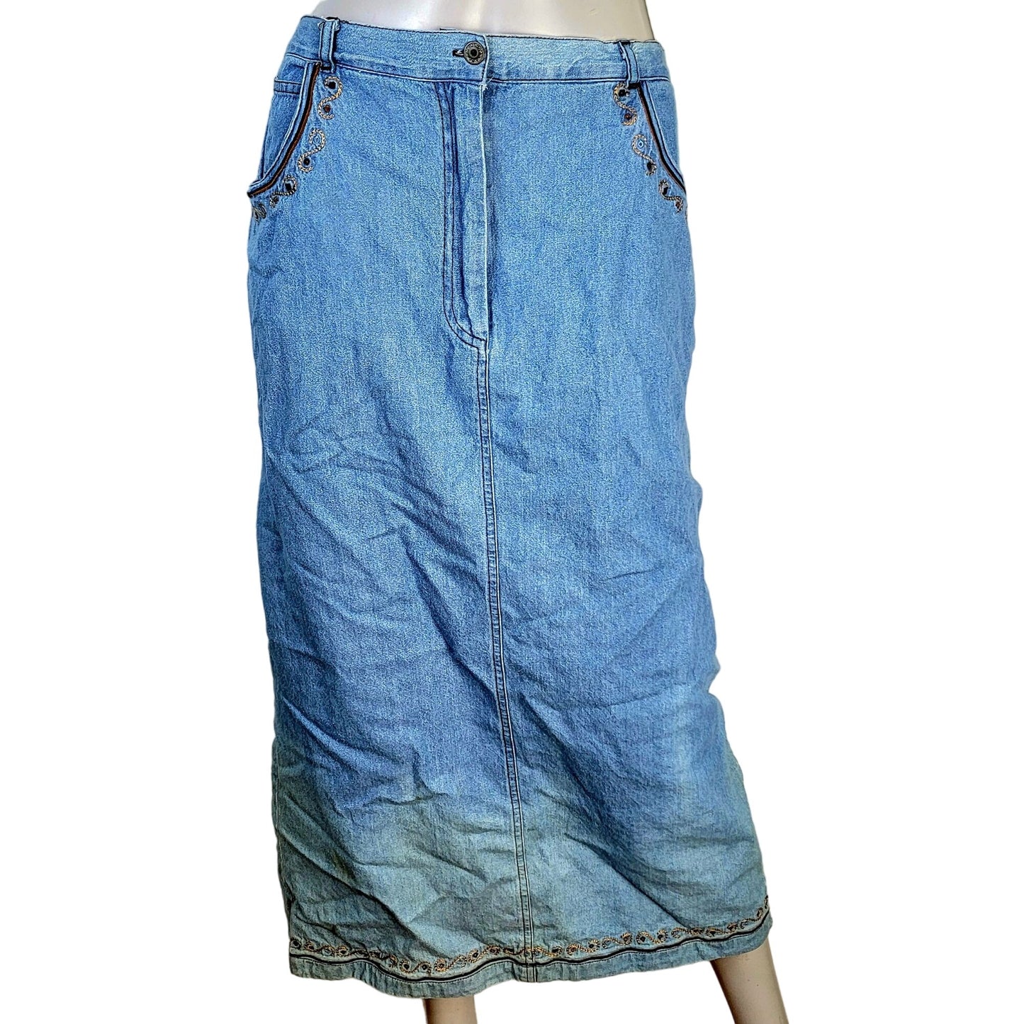 Vintage 90s Denim Midi Skirt Women Large Boho Western