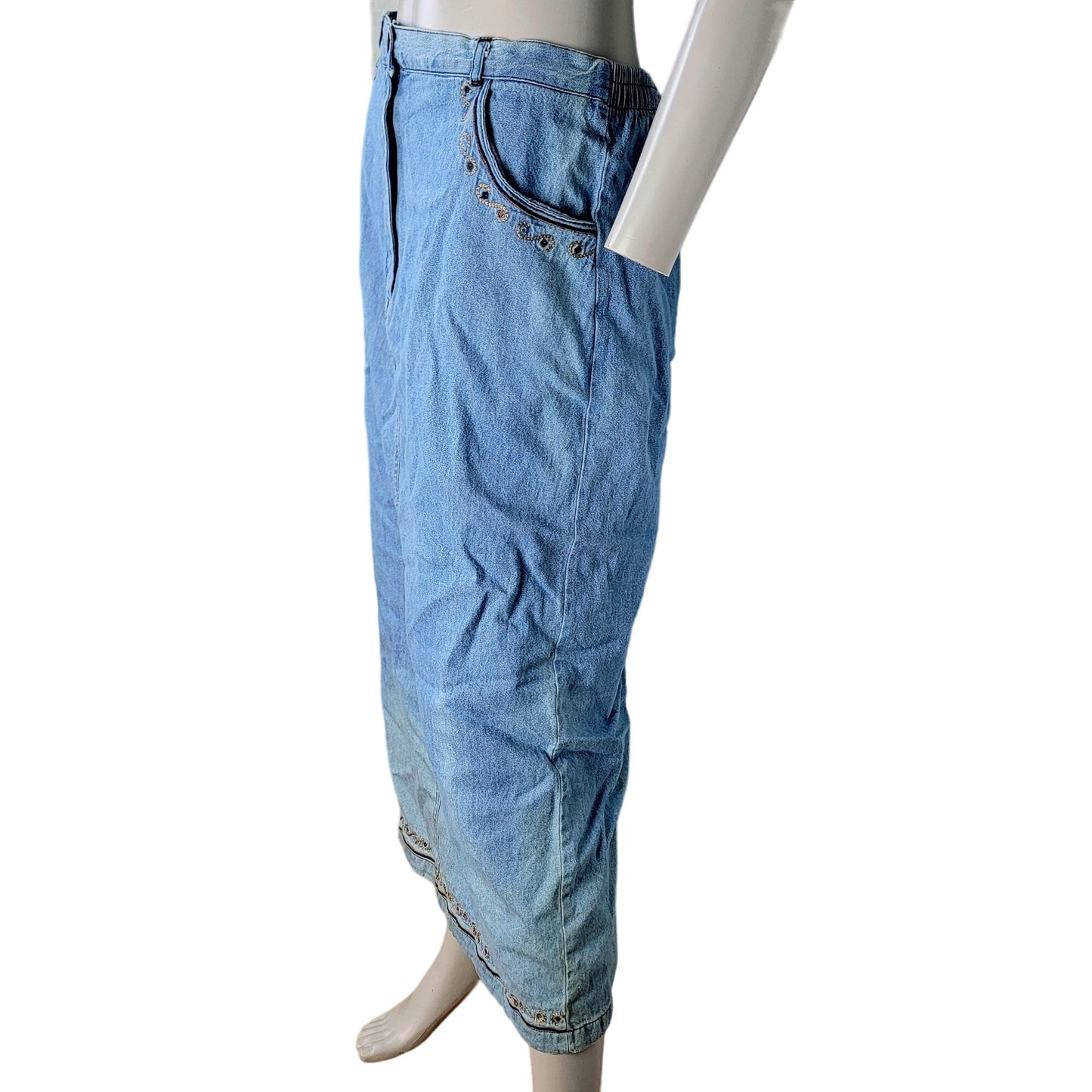 Vintage 90s Denim Midi Skirt Women Large Boho Western
