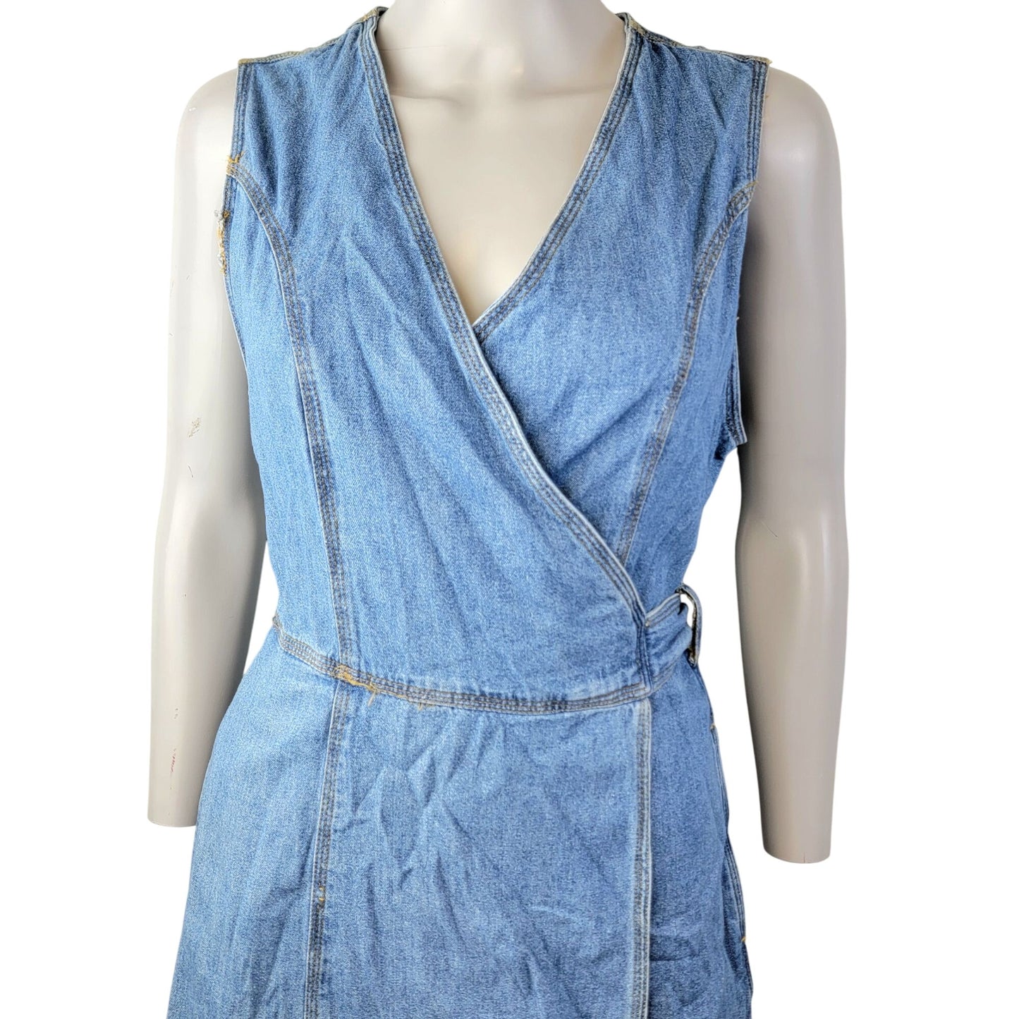 Vintage 90s Denim Mini Wrap Dress Women 4 Small Blue Jean Casual Sleeveless Fall