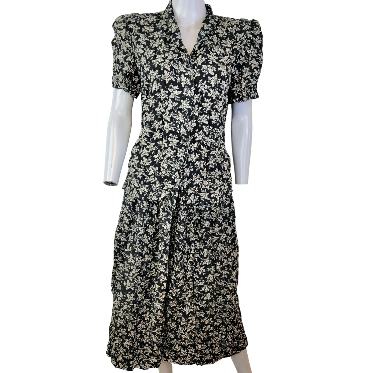 Vintage 80s Floral Set Women Medium Black Button Blouse Top Midi Skirt Formal 10