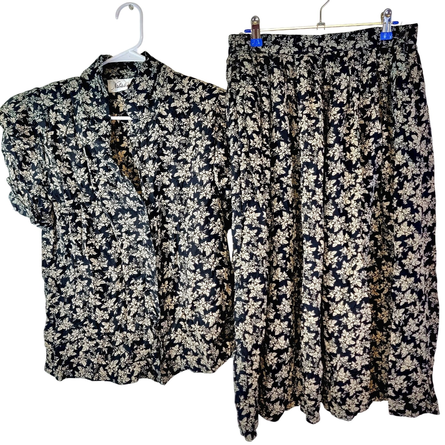 Vintage 80s Floral Set Women Medium Black Button Blouse Top Midi Skirt Formal 10