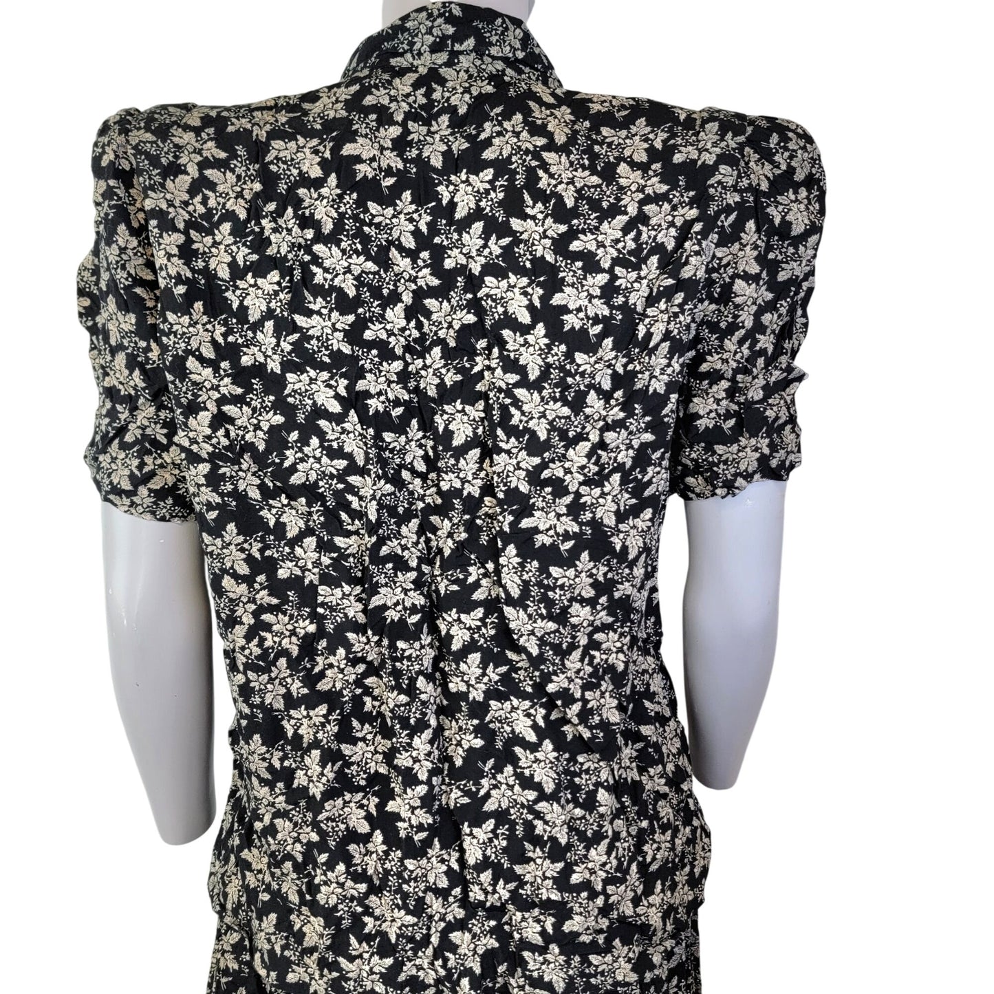 Vintage 80s Floral Set Women Medium Black Button Blouse Top Midi Skirt Formal 10