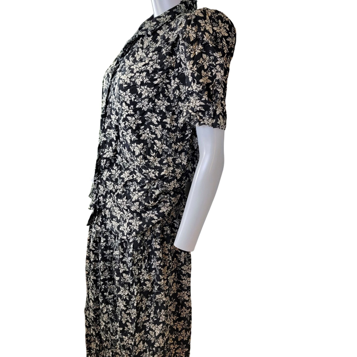 Vintage 80s Floral Set Women Medium Black Button Blouse Top Midi Skirt Formal 10