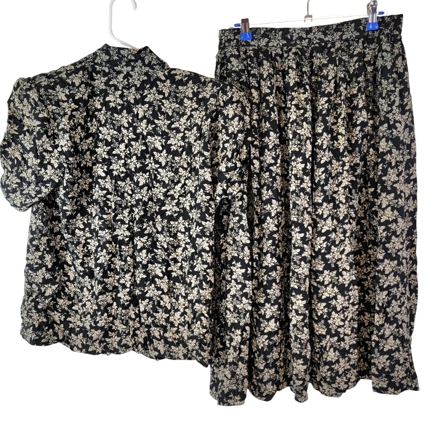 Vintage 80s Floral Set Women Medium Black Button Blouse Top Midi Skirt Formal 10