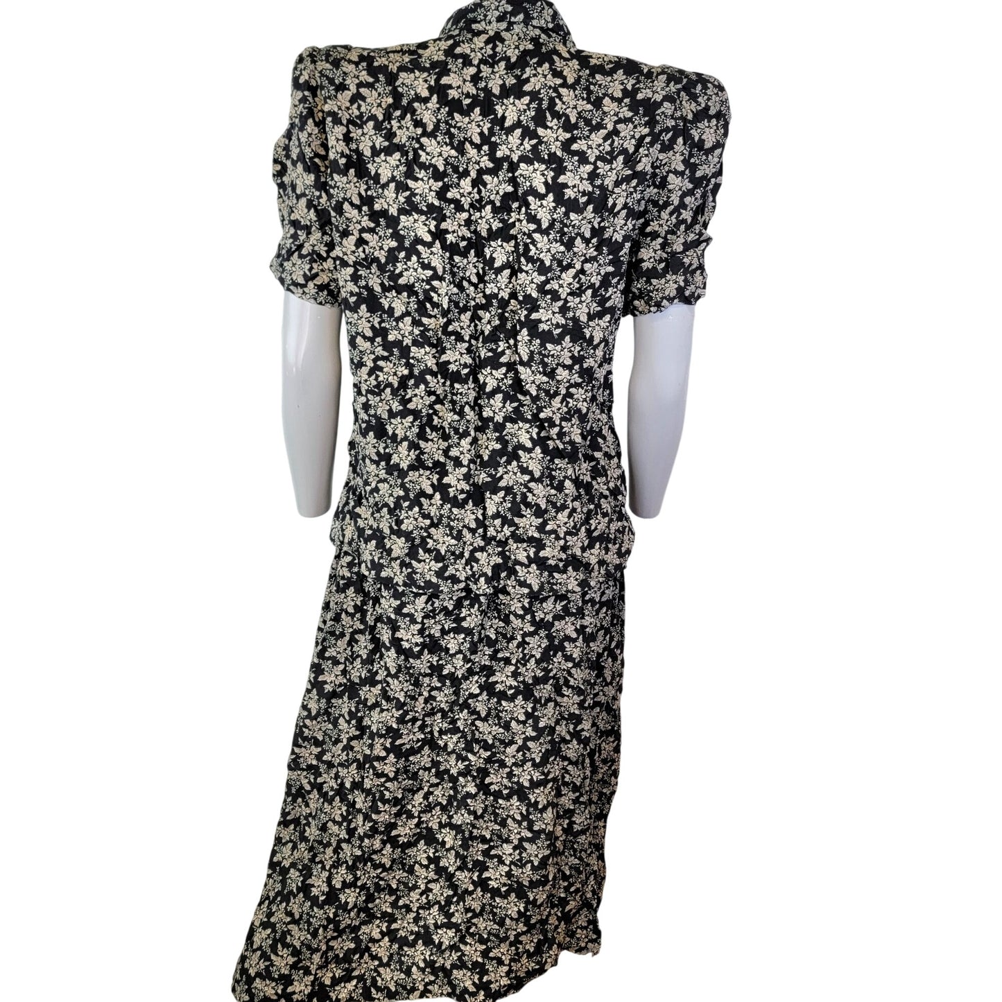 Vintage 80s Floral Set Women Medium Black Button Blouse Top Midi Skirt Formal 10