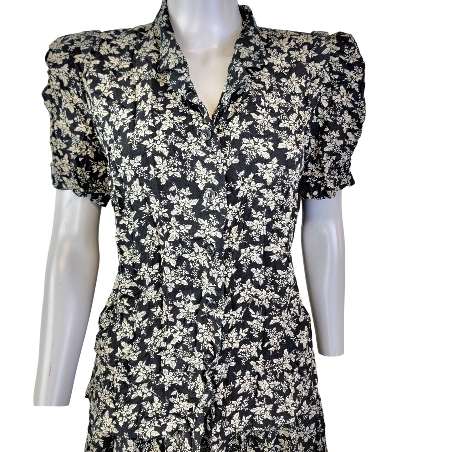 Vintage 80s Floral Set Women Medium Black Button Blouse Top Midi Skirt Formal 10