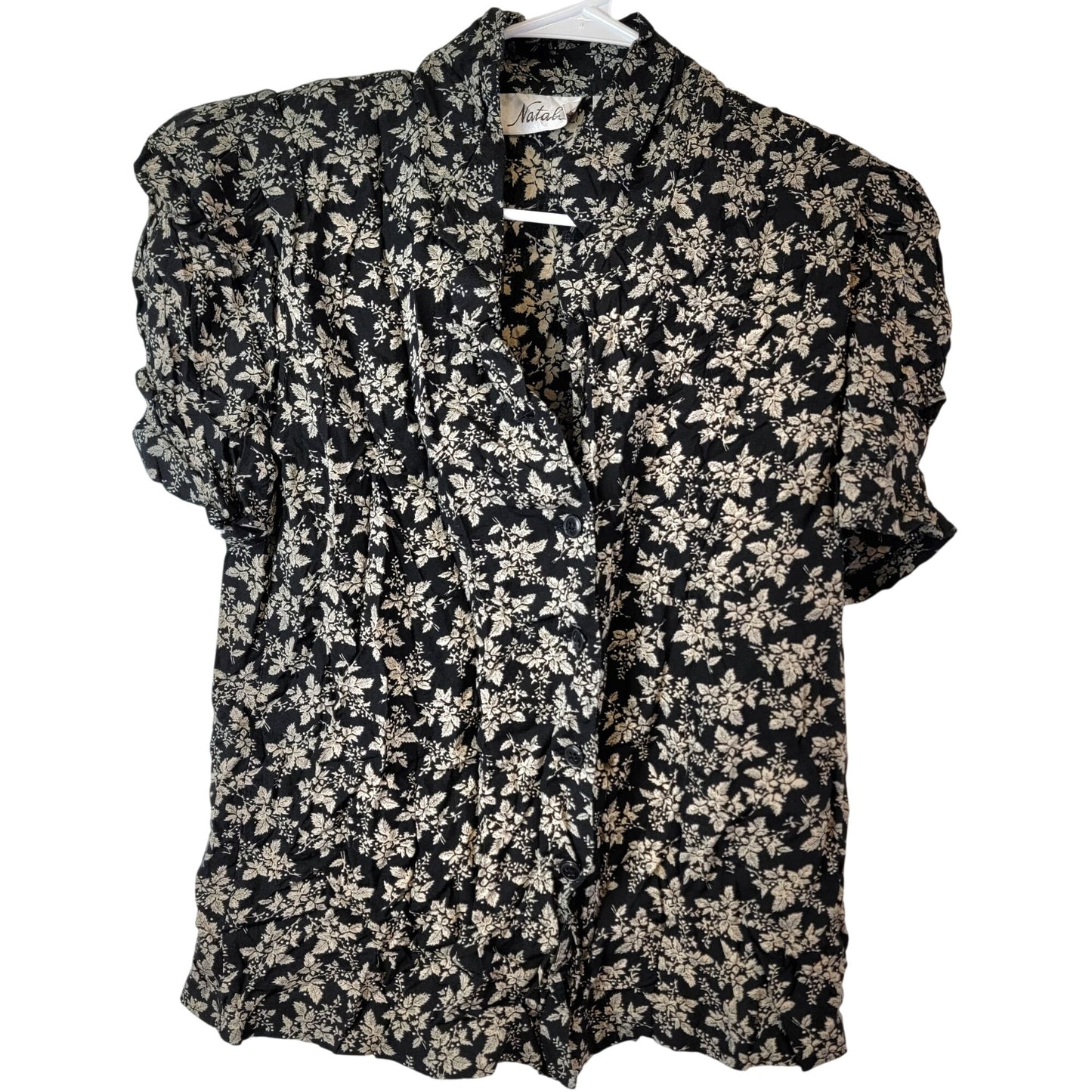 Vintage 80s Floral Set Women Medium Black Button Blouse Top Midi Skirt Formal 10