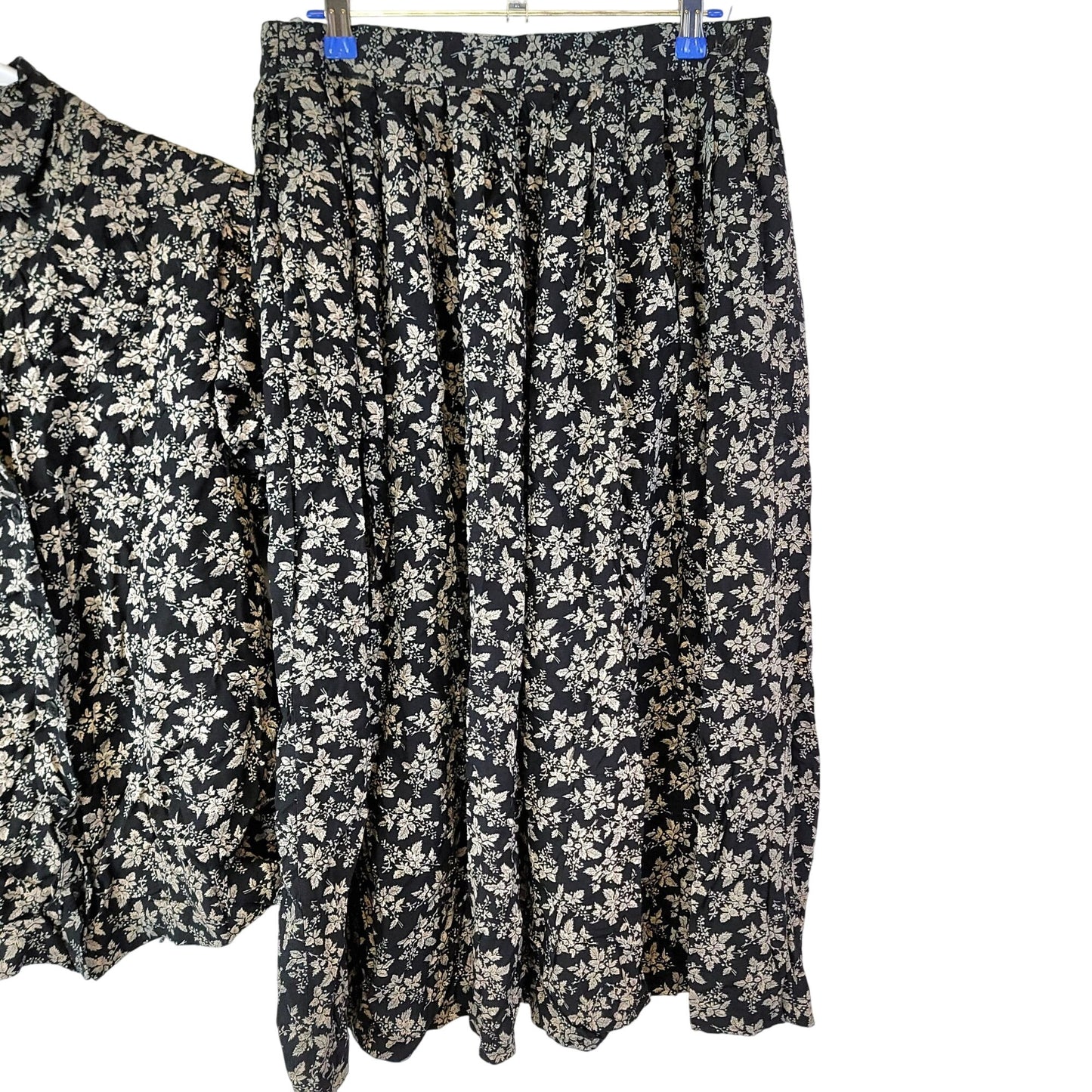 Vintage 80s Floral Set Women Medium Black Button Blouse Top Midi Skirt Formal 10