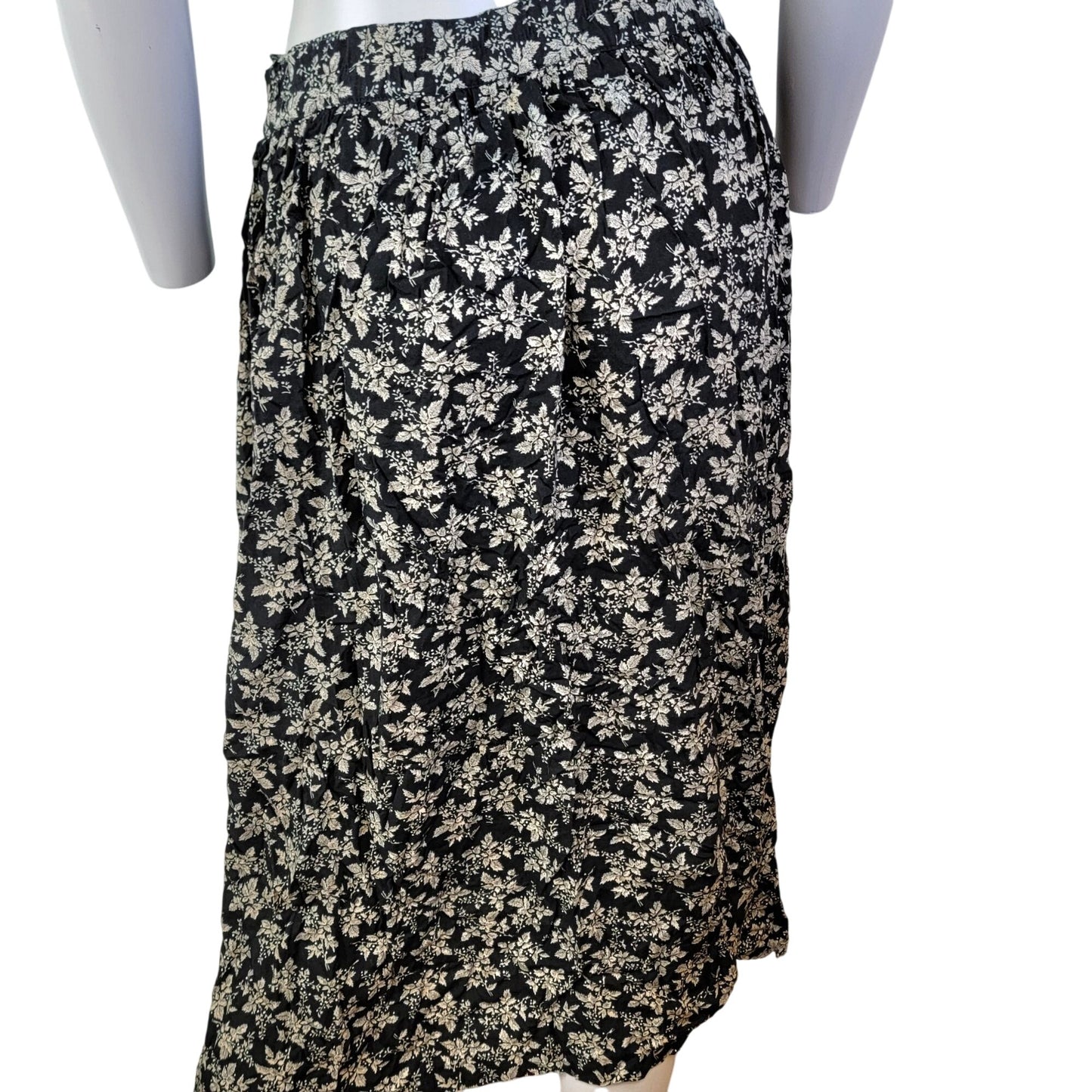 Vintage 80s Floral Set Women Medium Black Button Blouse Top Midi Skirt Formal 10