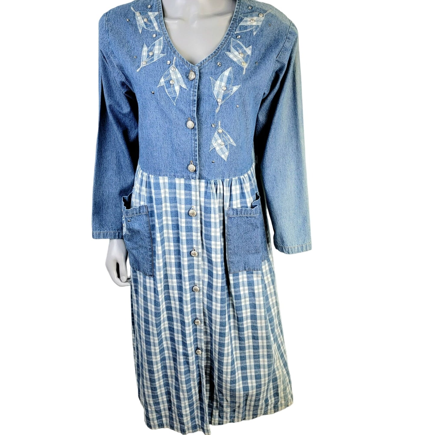 Vintage 90s Denim Button Midi Dress Women Medium Plaid Embroidered Leaves