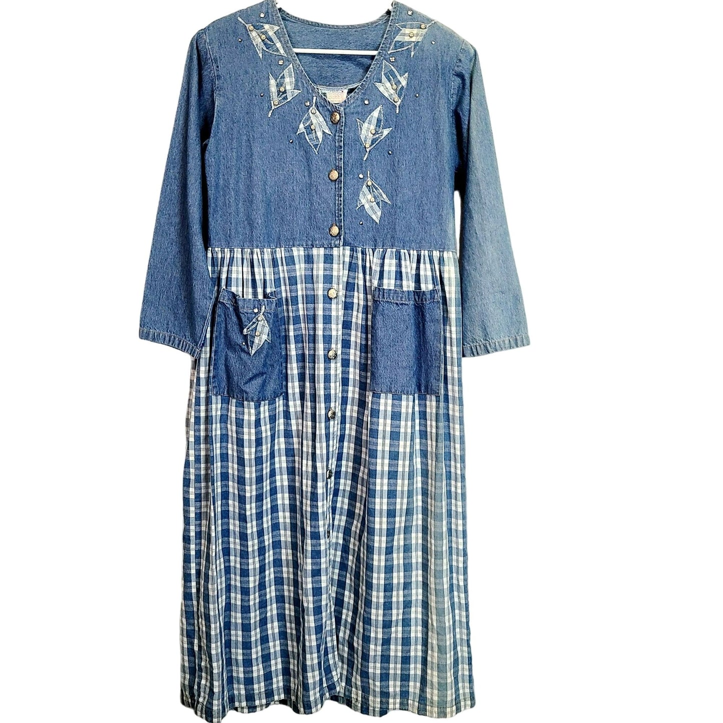 Vintage 90s Denim Button Midi Dress Women Medium Plaid Embroidered Leaves