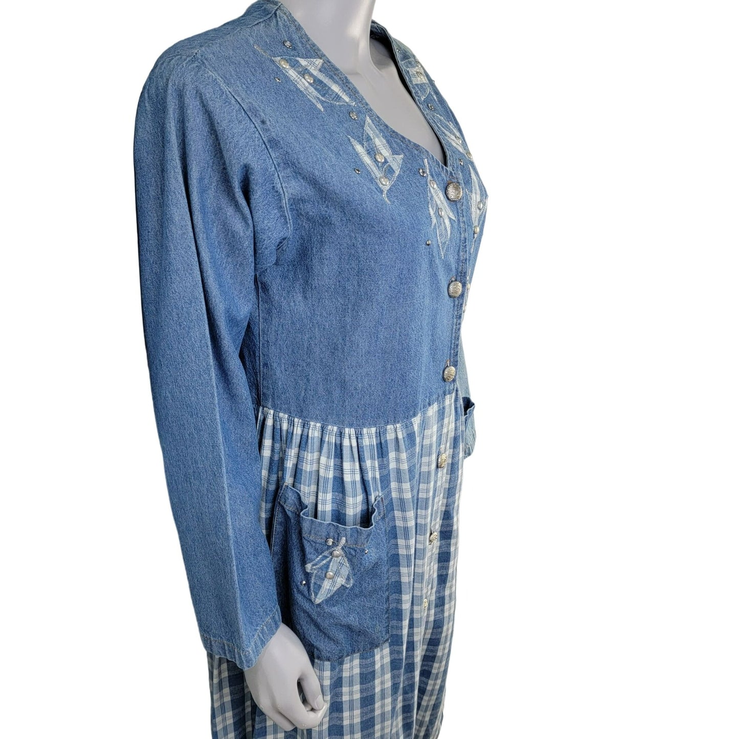 Vintage 90s Denim Button Midi Dress Women Medium Plaid Embroidered Leaves
