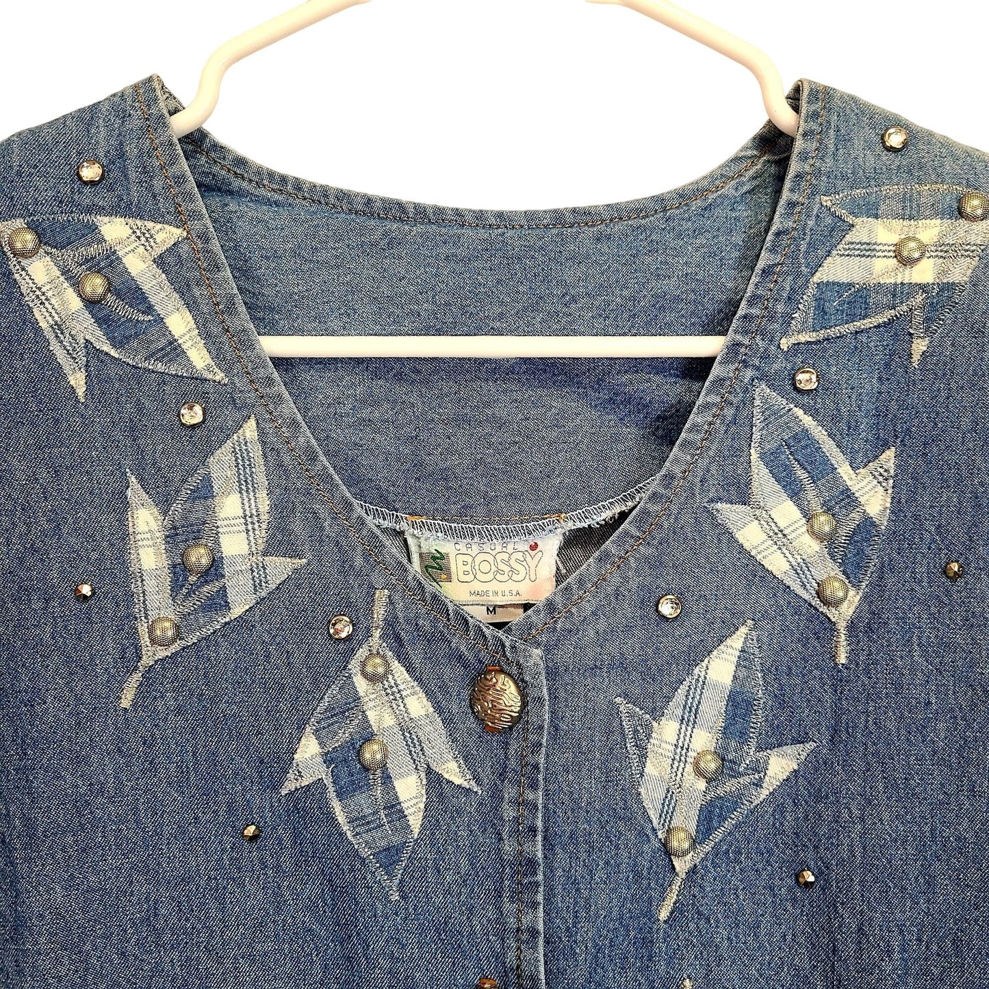 Vintage 90s Denim Button Midi Dress Women Medium Plaid Embroidered Leaves