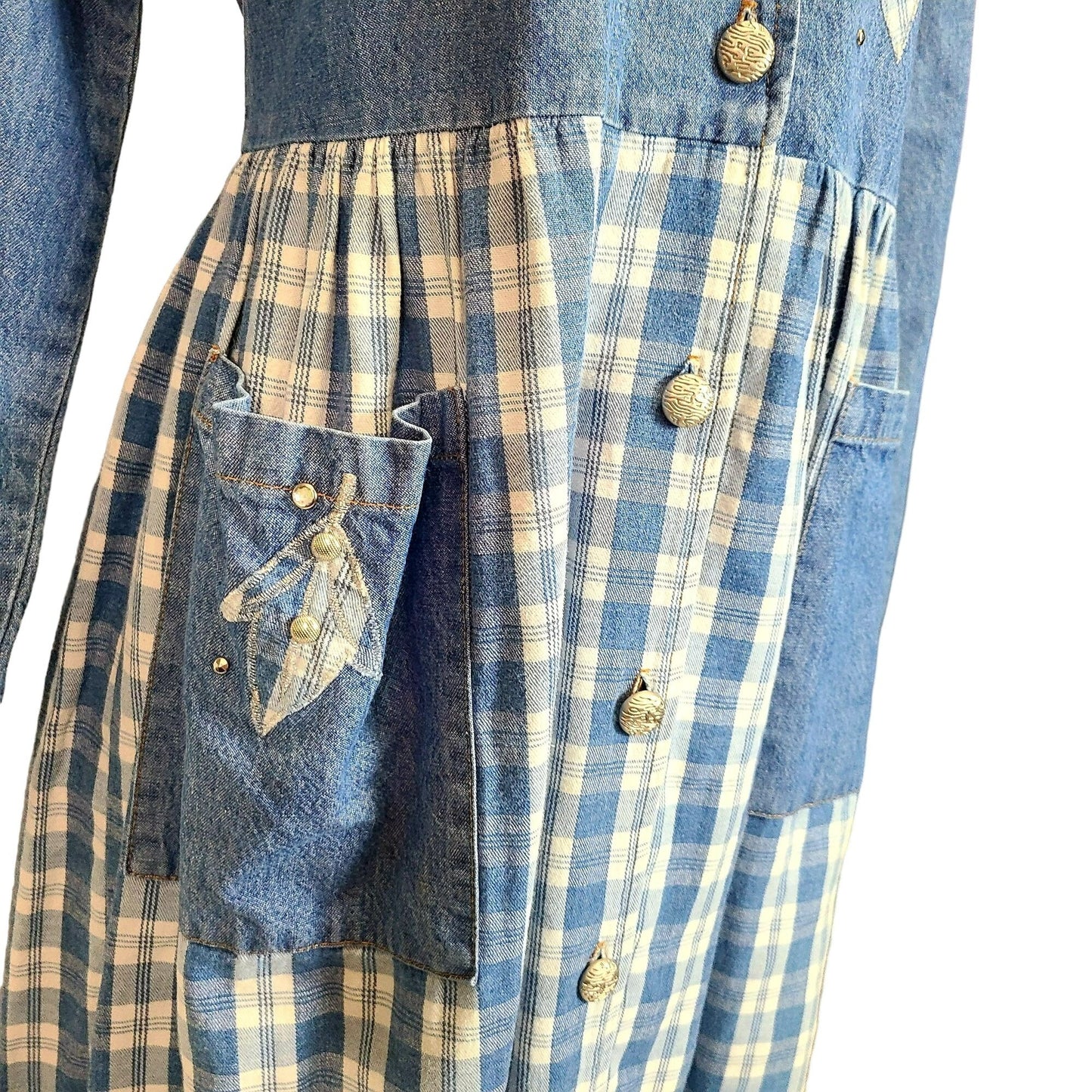 Vintage 90s Denim Button Midi Dress Women Medium Plaid Embroidered Leaves