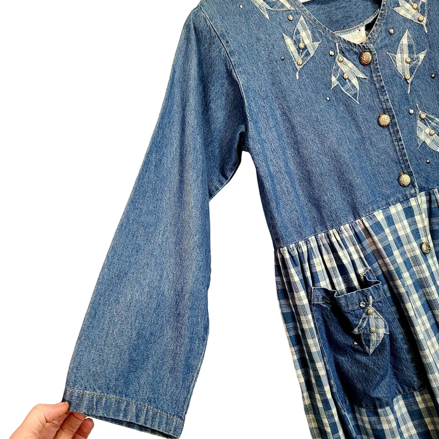 Vintage 90s Denim Button Midi Dress Women Medium Plaid Embroidered Leaves
