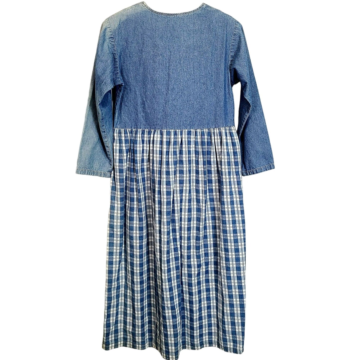 Vintage 90s Denim Button Midi Dress Women Medium Plaid Embroidered Leaves