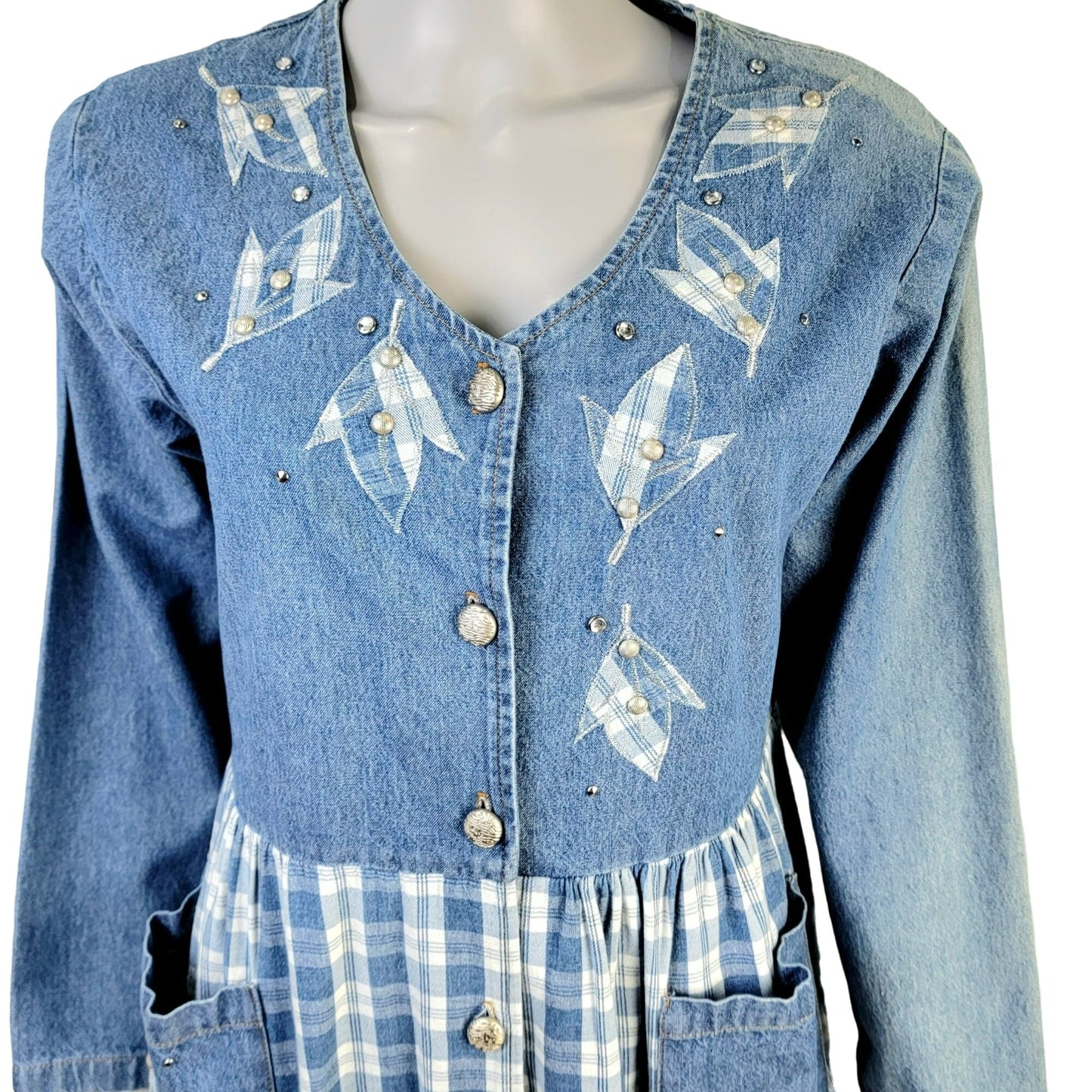 Vintage 90s Denim Button Midi Dress Women Medium Plaid Embroidered Leaves