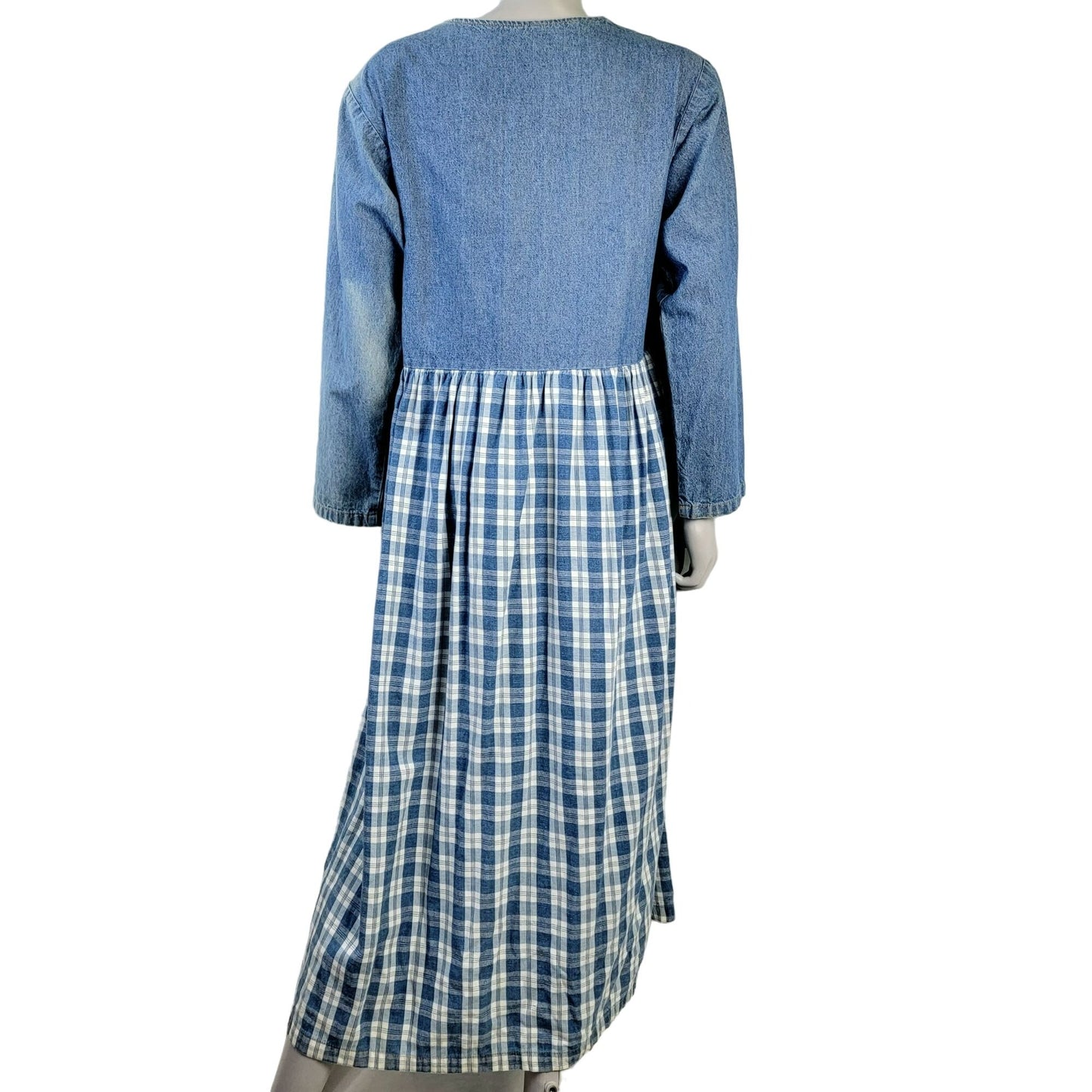 Vintage 90s Denim Button Midi Dress Women Medium Plaid Embroidered Leaves