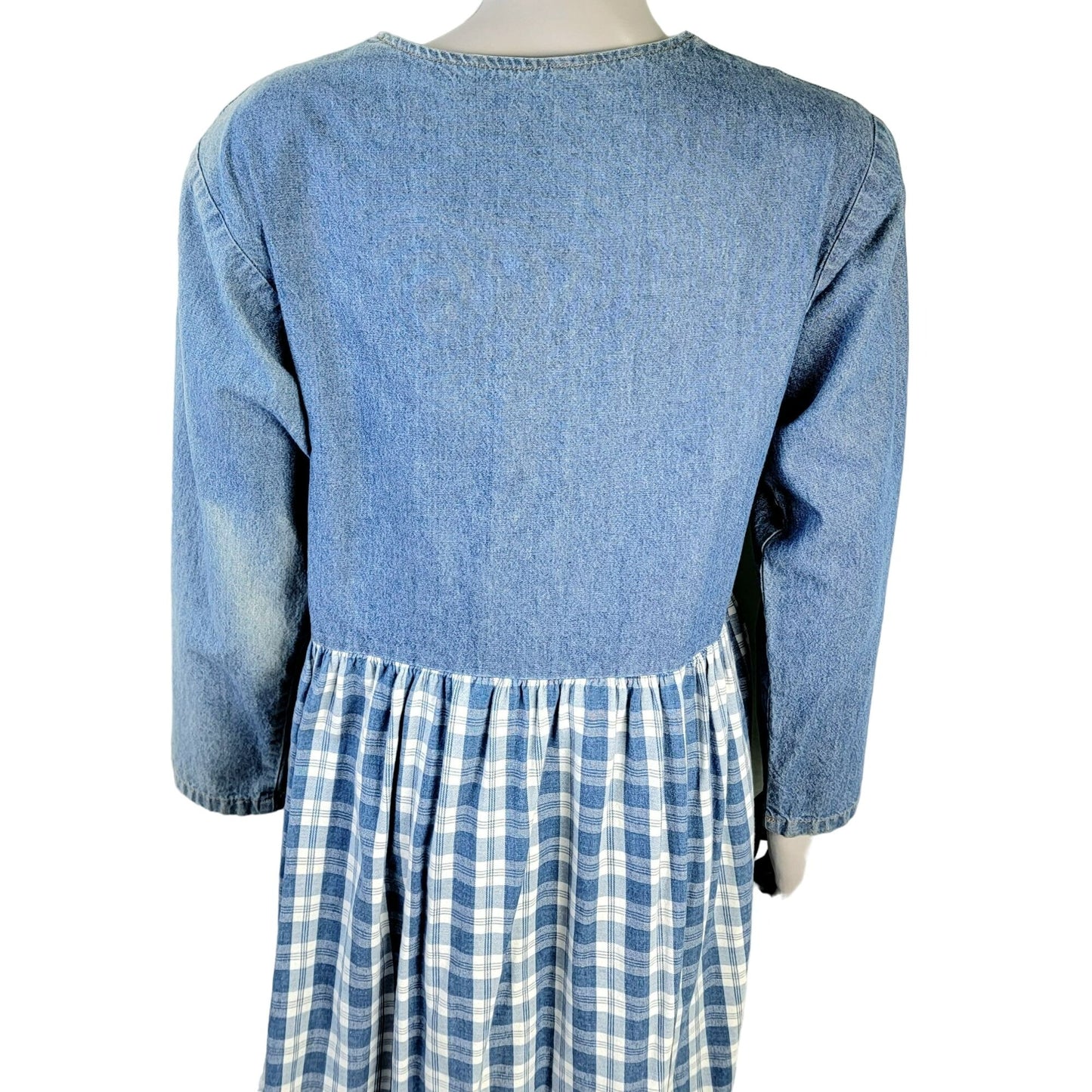Vintage 90s Denim Button Midi Dress Women Medium Plaid Embroidered Leaves