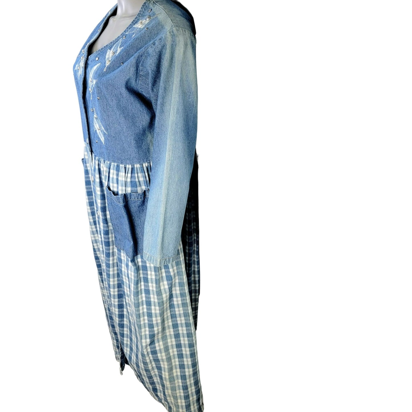 Vintage 90s Denim Button Midi Dress Women Medium Plaid Embroidered Leaves