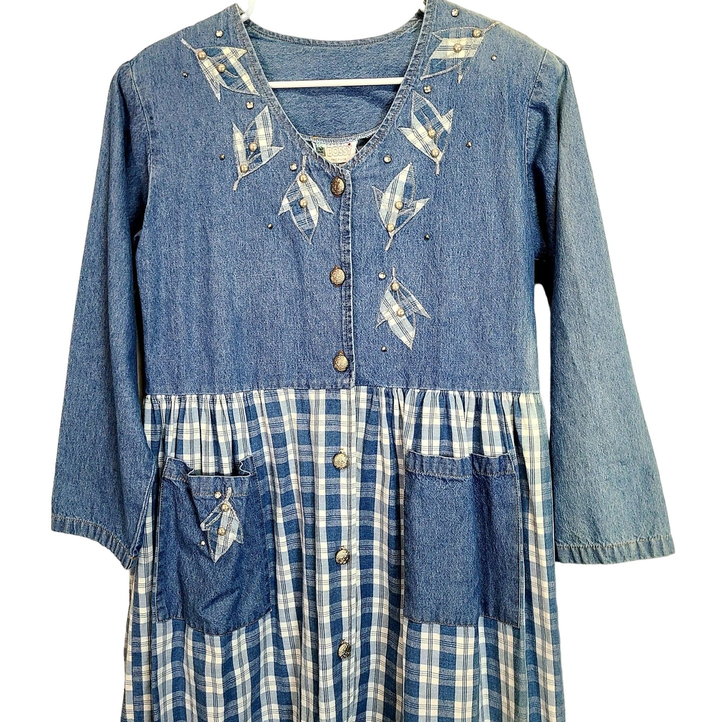 Vintage 90s Denim Button Midi Dress Women Medium Plaid Embroidered Leaves
