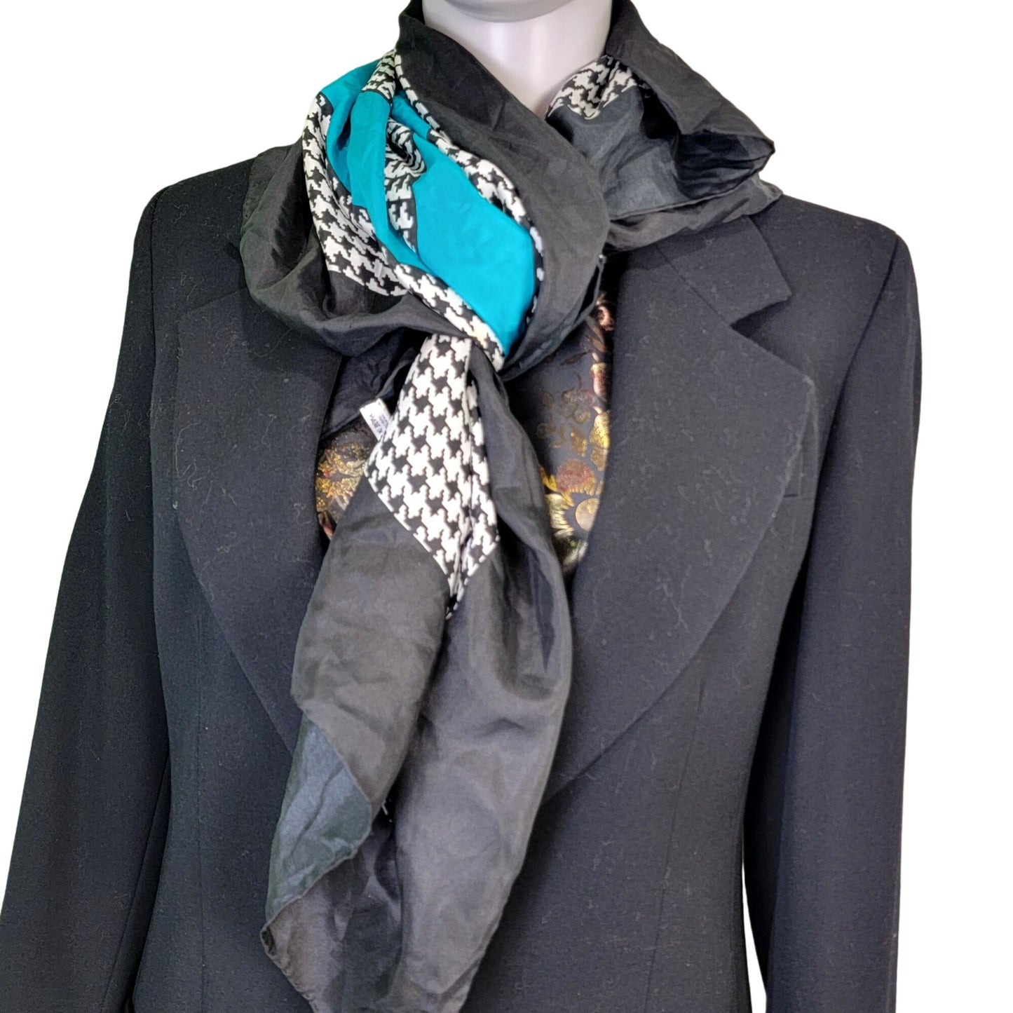 Vintage 80s Silk Scarf Women Accessories Black White Plaid