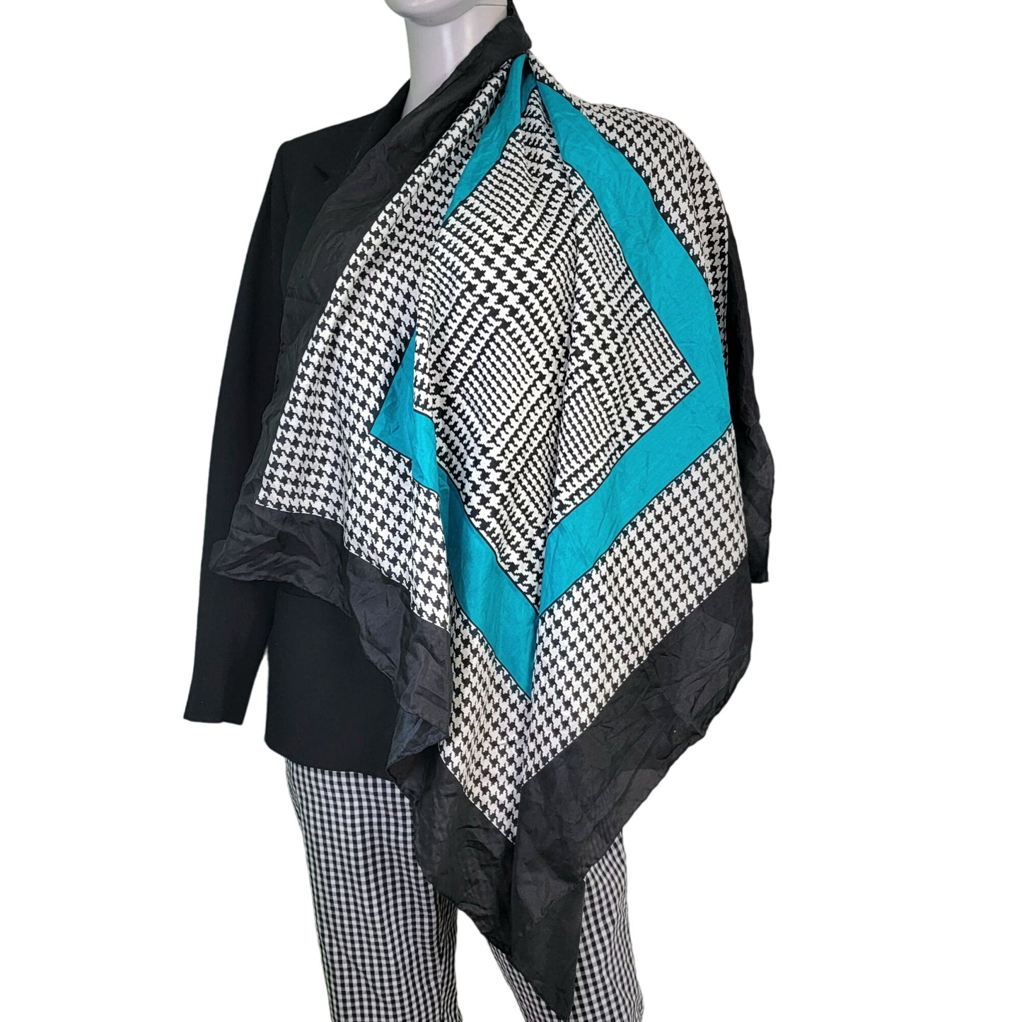 Vintage 80s Silk Scarf Women Accessories Black White Plaid