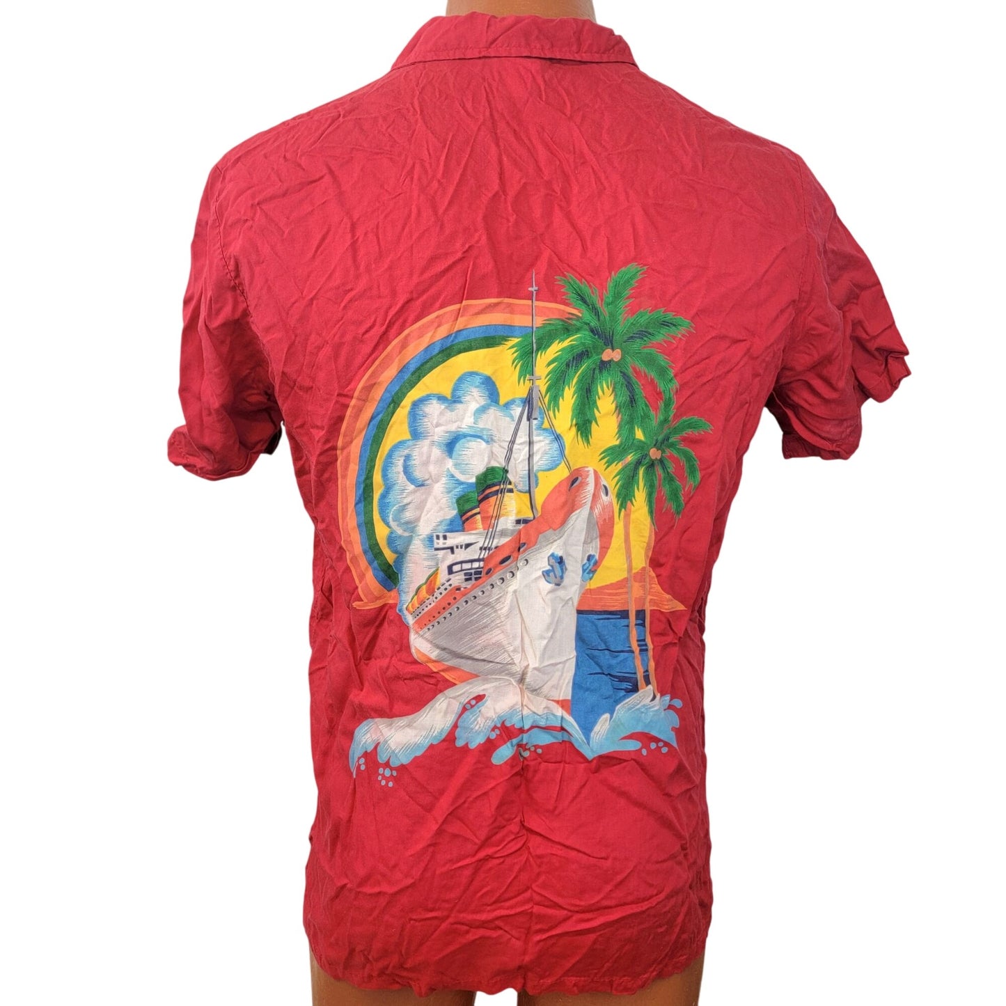 OP Vintage 80s Boat Shirt Men Large Red Collar Button Cruise Trip Top Nautical L