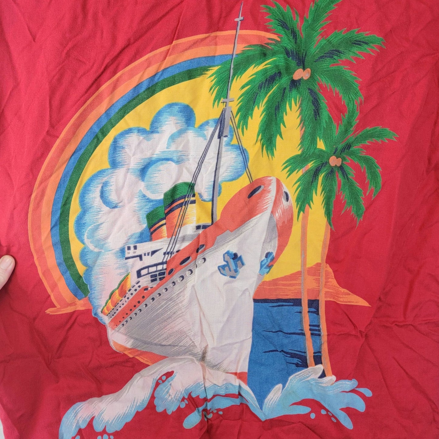 OP Vintage 80s Boat Shirt Men Large Red Collar Button Cruise Trip Top Nautical L