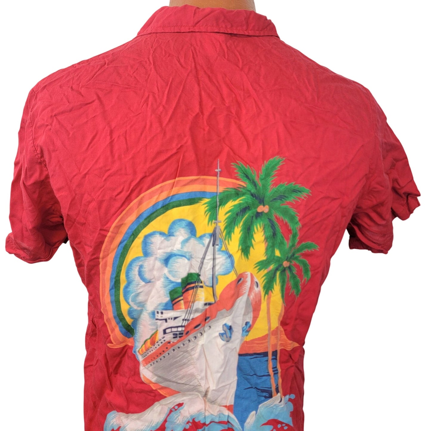 OP Vintage 80s Boat Shirt Men Large Red Collar Button Cruise Trip Top Nautical L